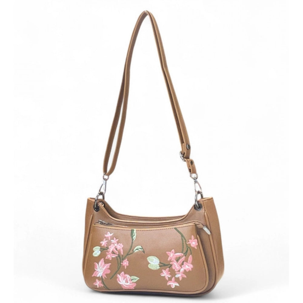 Women's Polyurethane Floral Embroidered Crossbody Sling Bag with Adjustable & Removable Strap (Tan) - POPNOVA
