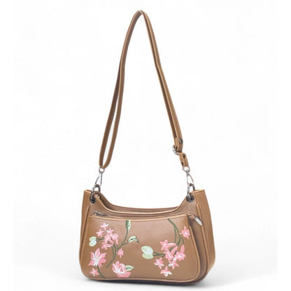 Women's Polyurethane Floral Embroidered Crossbody Sling Bag with Adjustable & Removable Strap (Tan) - POPNOVA