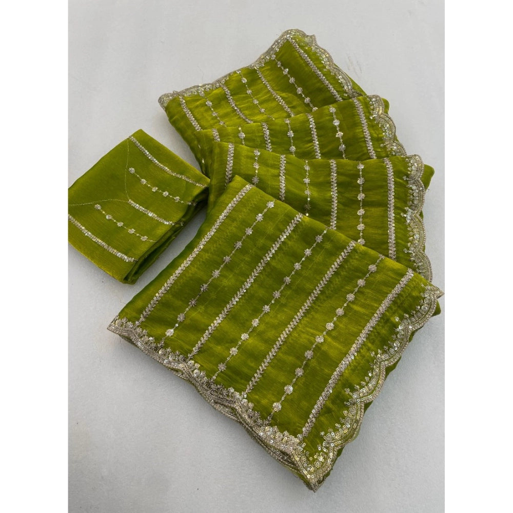 Women's Jimmy Choo Embellished Saree With Unstitched Blouse 5.5 Mtr (Olive Green)