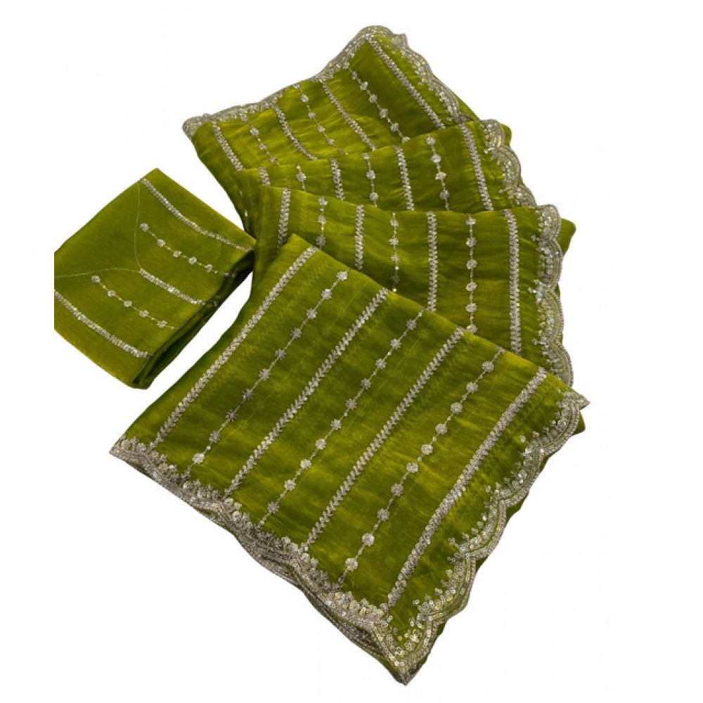 Women's Jimmy Choo Embellished Saree With Unstitched Blouse 5.5 Mtr (Olive Green)