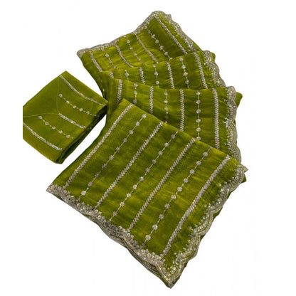 Women's Jimmy Choo Embellished Saree With Unstitched Blouse 5.5 Mtr (Olive Green)