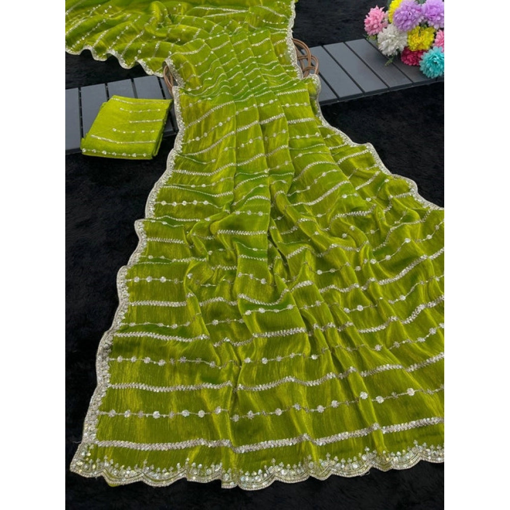 Women's Jimmy Choo Embellished Saree With Unstitched Blouse 5.5 Mtr (Olive Green)