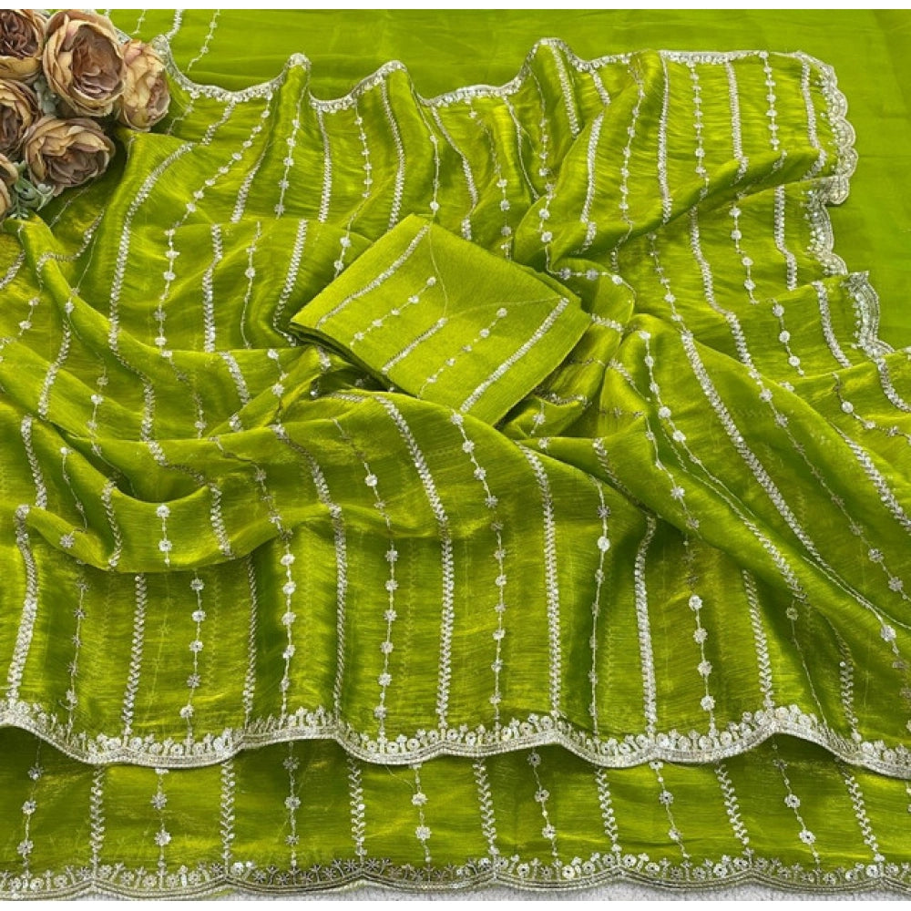 Women's Jimmy Choo Embellished Saree With Unstitched Blouse 5.5 Mtr (Olive Green)