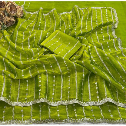 Women's Jimmy Choo Embellished Saree With Unstitched Blouse 5.5 Mtr (Olive Green)