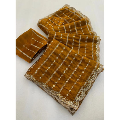 Women's Jimmy Choo Embellished Saree With Unstitched Blouse 5.5 Mtr�(Mustard)