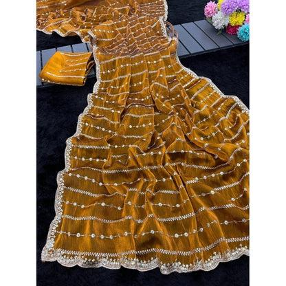 Women's Jimmy Choo Embellished Saree With Unstitched Blouse 5.5 Mtr�(Mustard)