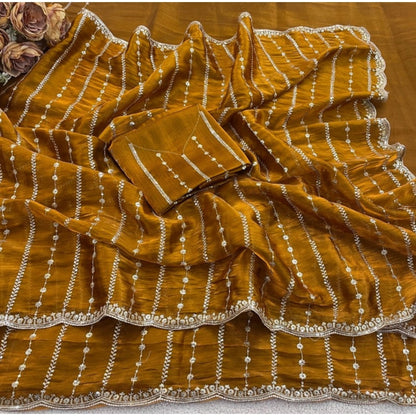 Women's Jimmy Choo Embellished Saree With Unstitched Blouse 5.5 Mtr�(Mustard)