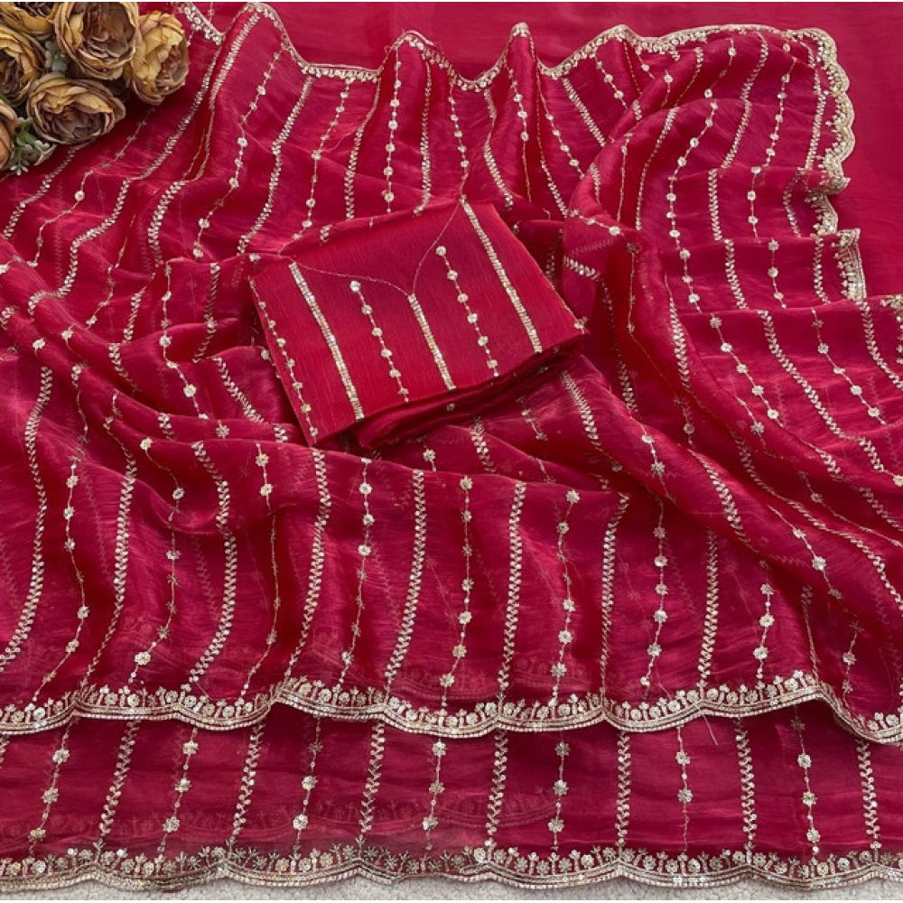 Women's Jimmy Choo Embellished Saree With Unstitched Blouse 5.5 Mtr�(Pink)