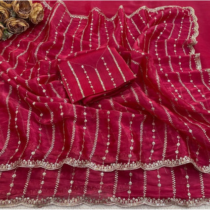 Women's Jimmy Choo Embellished Saree With Unstitched Blouse 5.5 Mtr�(Pink)