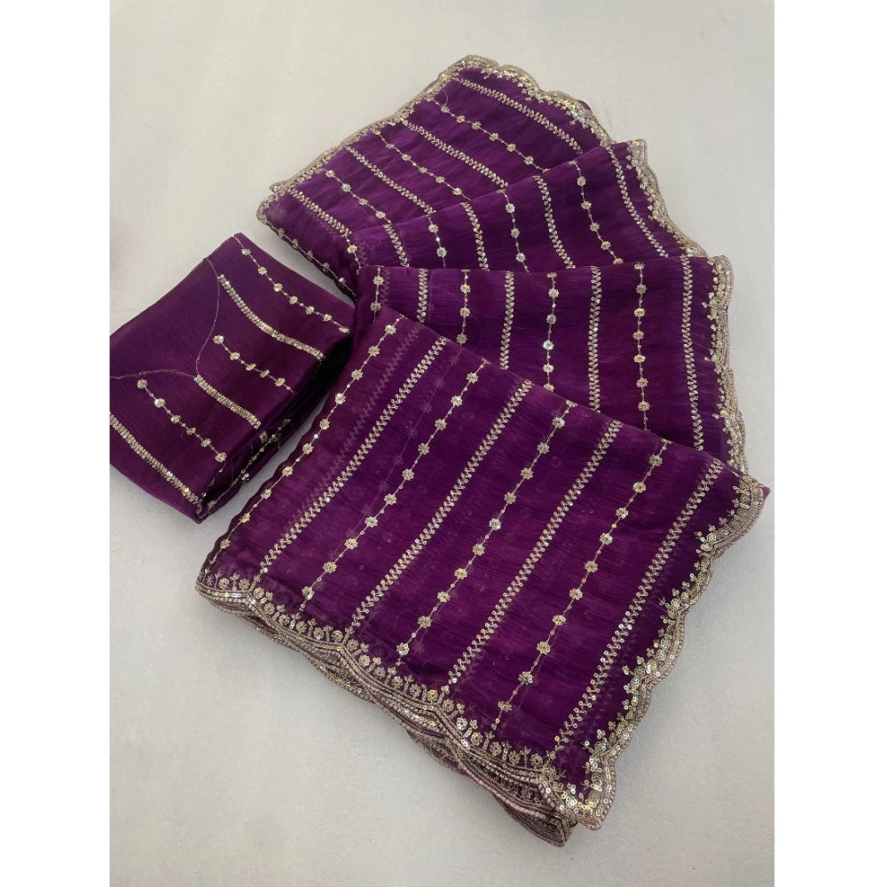 Women's Jimmy Choo Embellished Saree With Unstitched Blouse 5.5 Mtr�(Purple)