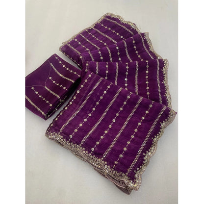 Women's Jimmy Choo Embellished Saree With Unstitched Blouse 5.5 Mtr�(Purple)