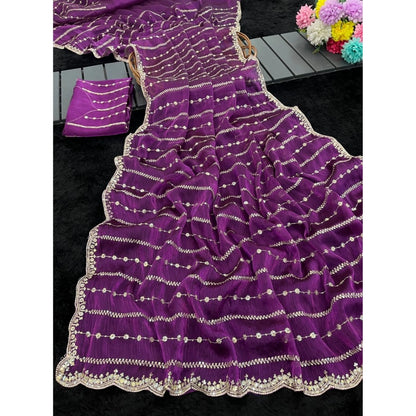 Women's Jimmy Choo Embellished Saree With Unstitched Blouse 5.5 Mtr�(Purple)