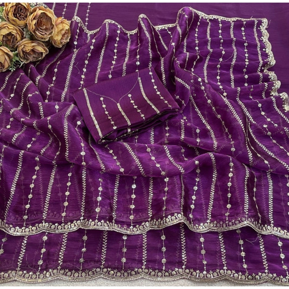 Women's Jimmy Choo Embellished Saree With Unstitched Blouse 5.5 Mtr�(Purple)