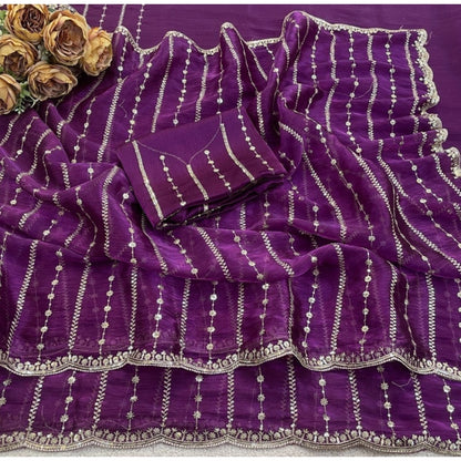 Women's Jimmy Choo Embellished Saree With Unstitched Blouse 5.5 Mtr�(Purple)