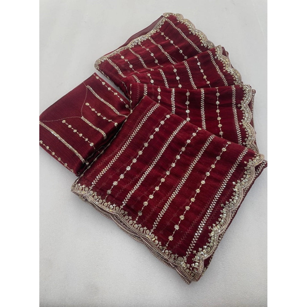 Women's Jimmy Choo Embellished Saree With Unstitched Blouse 5.5 Mtr�(Maroon)