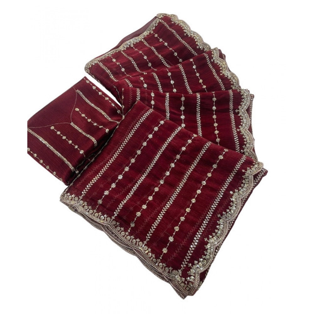 Women's Jimmy Choo Embellished Saree With Unstitched Blouse 5.5 Mtr�(Maroon)