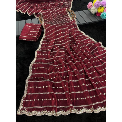 Women's Jimmy Choo Embellished Saree With Unstitched Blouse 5.5 Mtr�(Maroon)