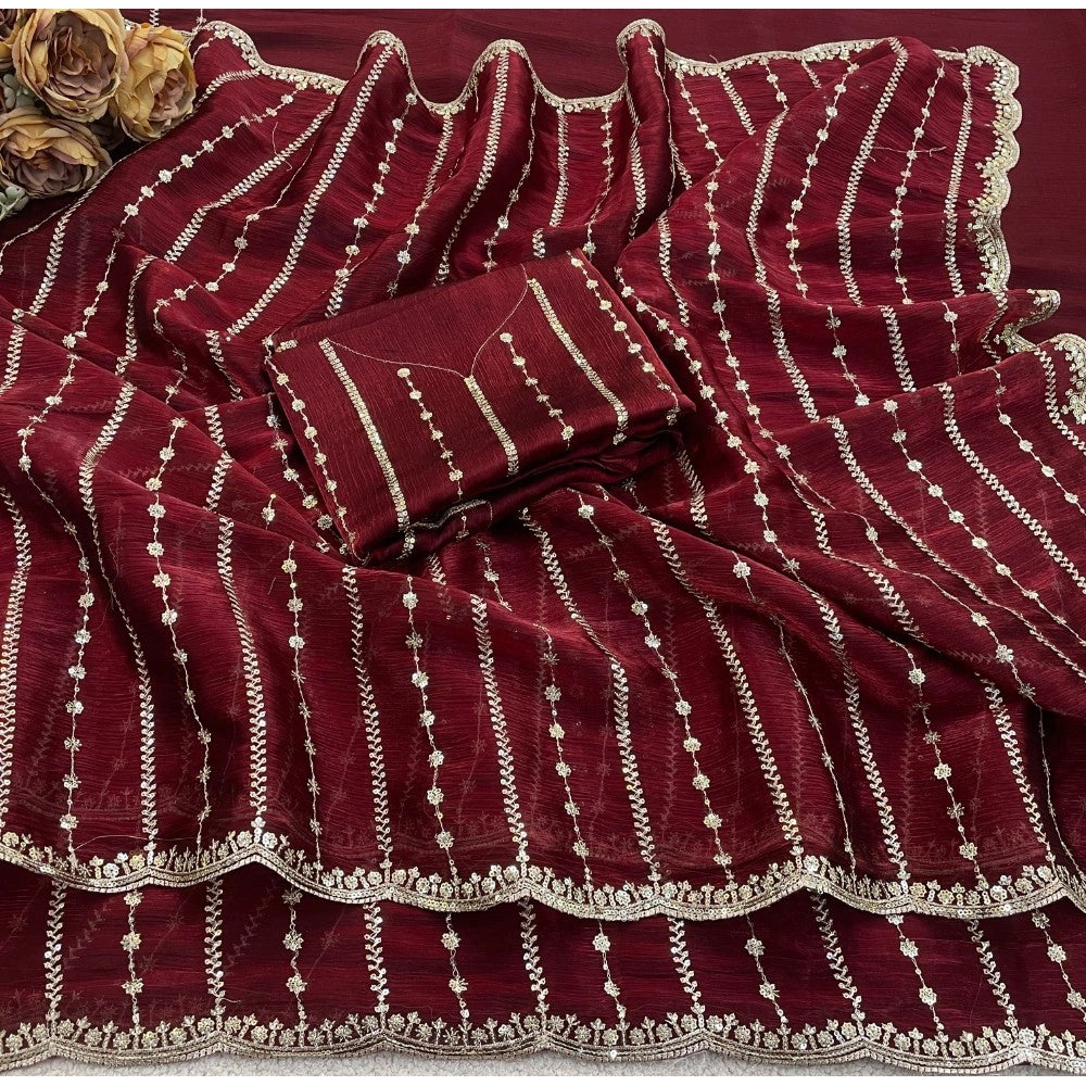 Women's Jimmy Choo Embellished Saree With Unstitched Blouse 5.5 Mtr�(Maroon)