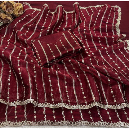 Women's Jimmy Choo Embellished Saree With Unstitched Blouse 5.5 Mtr�(Maroon)