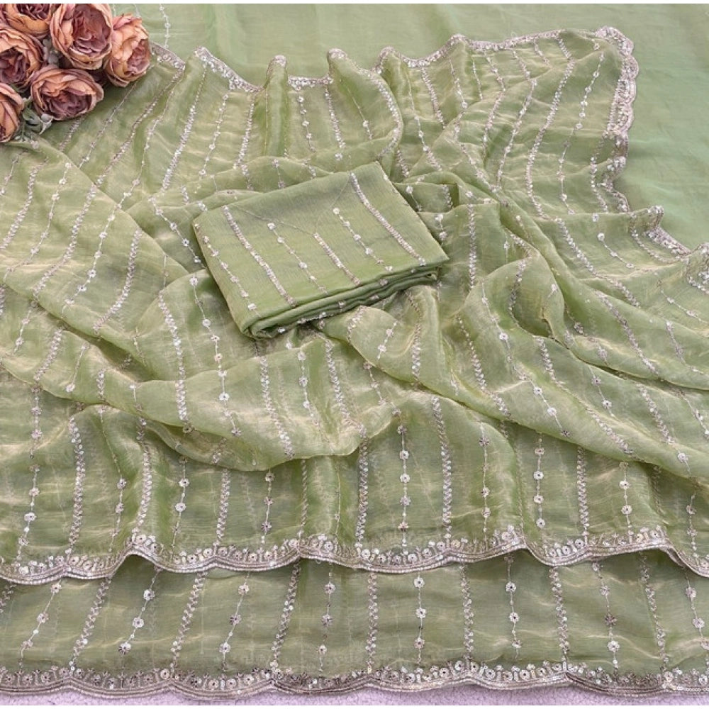 Women's Jimmy Choo Embellished Saree With Unstitched Blouse 5.5 Mtr�(Green)
