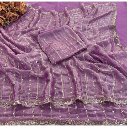 Women's Jimmy Choo Embellished Saree With Unstitched Blouse 5.5 Mtr�(Lavender)