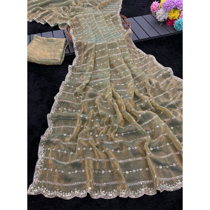 Women's Jimmy Choo Embellished Saree With Unstitched Blouse 5.5 Mtr�(Light Green)