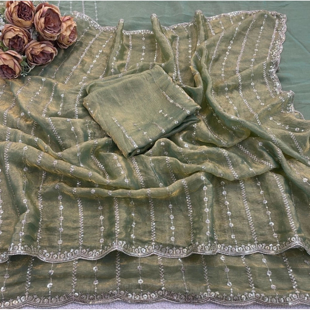 Women's Jimmy Choo Embellished Saree With Unstitched Blouse 5.5 Mtr�(Light Green)