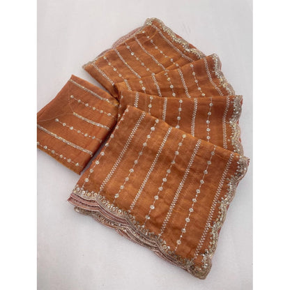 Women's Jimmy Choo Embellished Saree With Unstitched Blouse 5.5 Mtr�(Orange)
