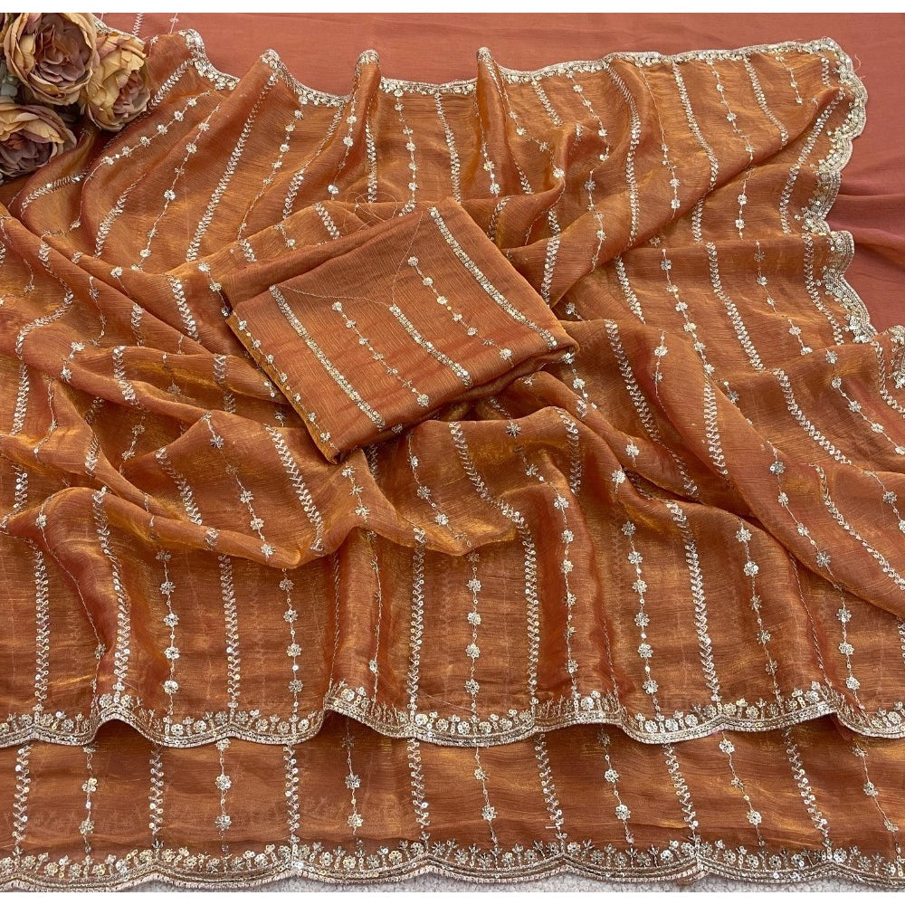 Women's Jimmy Choo Embellished Saree With Unstitched Blouse 5.5 Mtr�(Orange)