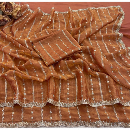 Women's Jimmy Choo Embellished Saree With Unstitched Blouse 5.5 Mtr�(Orange)