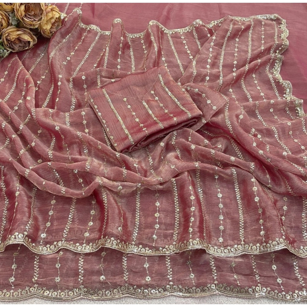 Women's Jimmy Choo Embellished Saree With Unstitched Blouse 5.5 Mtr�(Pink)