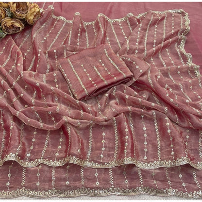 Women's Jimmy Choo Embellished Saree With Unstitched Blouse 5.5 Mtr�(Pink)
