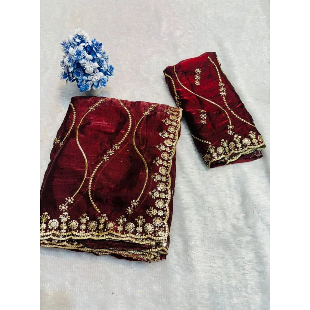 Women's Jimmy Choo Embellished Saree With Unstitched Blouse 5.5 Mtr�(Maroon)