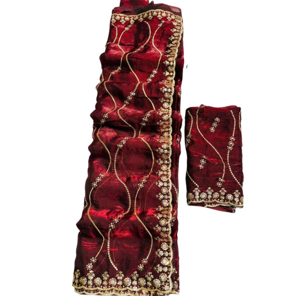 Women's Jimmy Choo Embellished Saree With Unstitched Blouse 5.5 Mtr�(Maroon)
