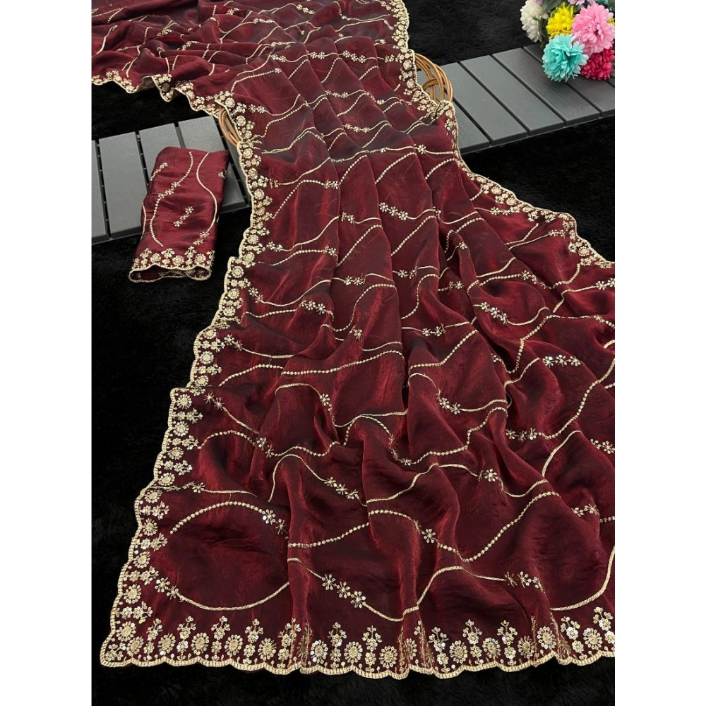Women's Jimmy Choo Embellished Saree With Unstitched Blouse 5.5 Mtr�(Maroon)