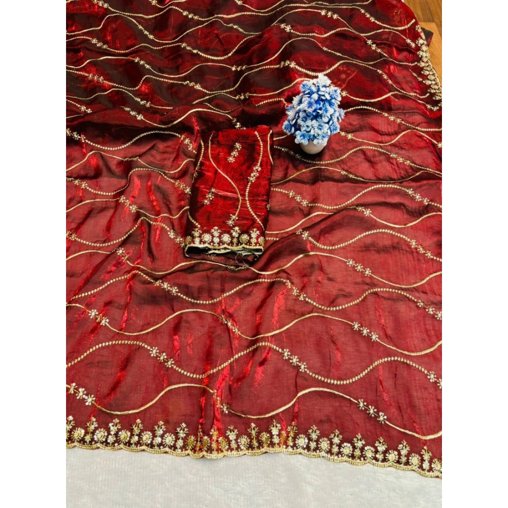 Women's Jimmy Choo Embellished Saree With Unstitched Blouse 5.5 Mtr�(Maroon)