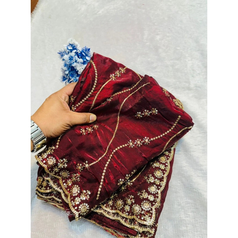 Women's Jimmy Choo Embellished Saree With Unstitched Blouse 5.5 Mtr�(Maroon)