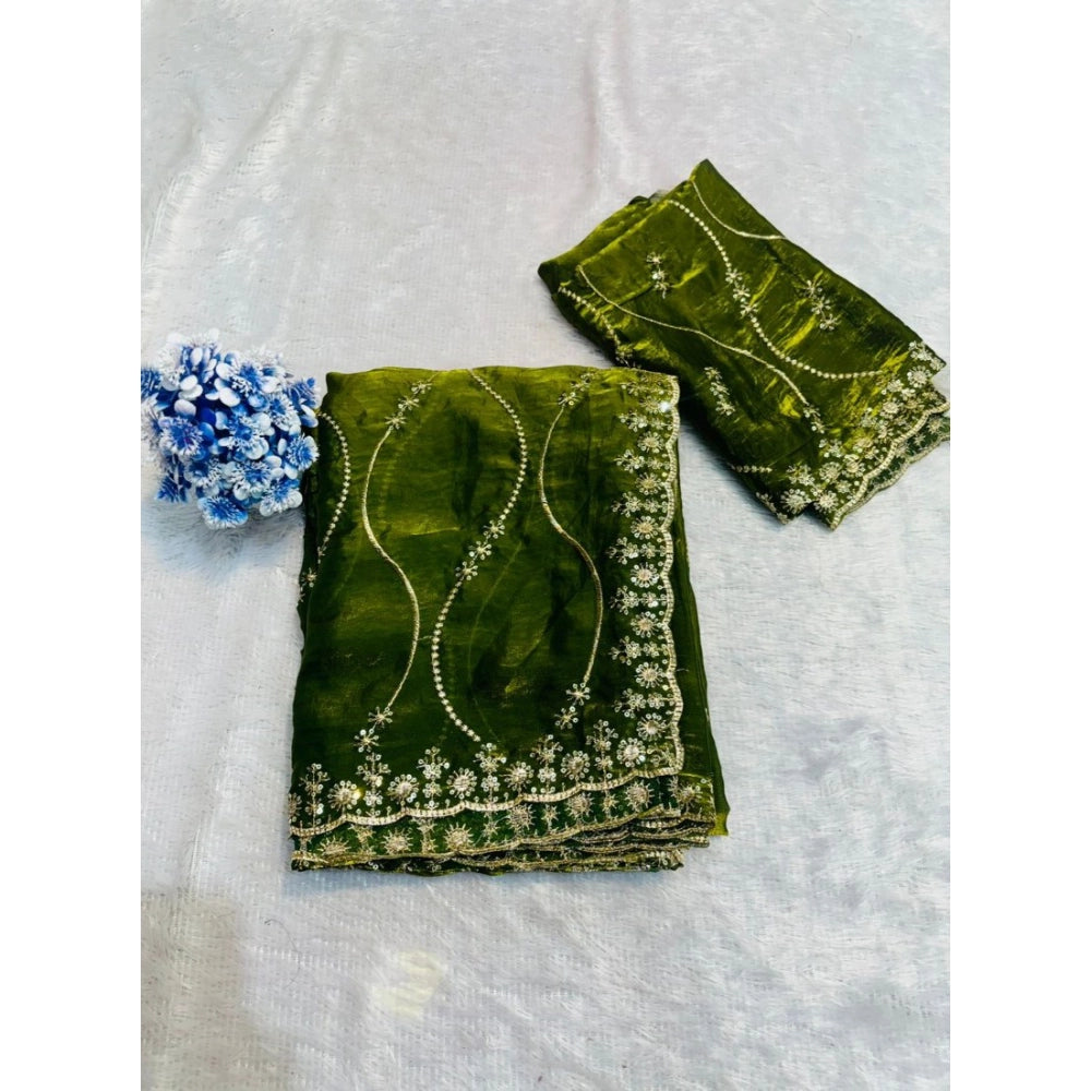 Women's Jimmy Choo Embellished Saree With Unstitched Blouse 5.5 Mtr�(Mehendi-Green)