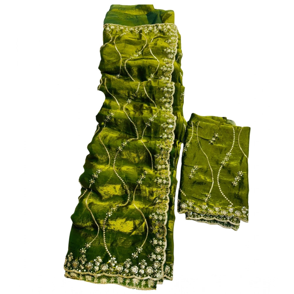 Women's Jimmy Choo Embellished Saree With Unstitched Blouse 5.5 Mtr�(Mehendi-Green)