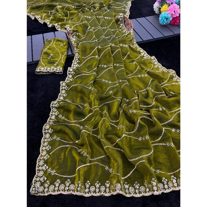 Women's Jimmy Choo Embellished Saree With Unstitched Blouse 5.5 Mtr�(Mehendi-Green)