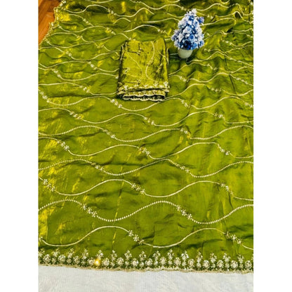 Women's Jimmy Choo Embellished Saree With Unstitched Blouse 5.5 Mtr�(Mehendi-Green)