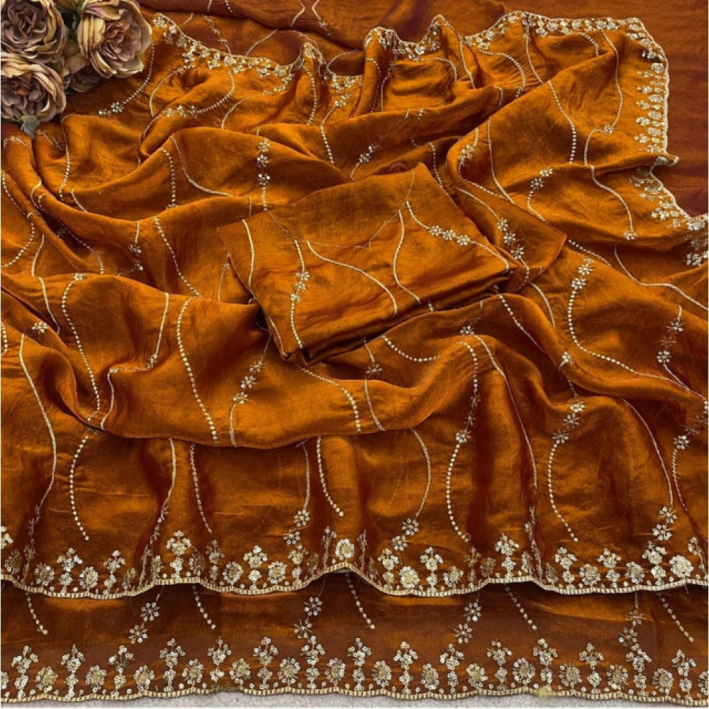 Women's Jimmy Choo Embellished Saree With Unstitched Blouse 5.5 Mtr�(Orange)