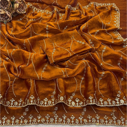 Women's Jimmy Choo Embellished Saree With Unstitched Blouse 5.5 Mtr�(Orange)