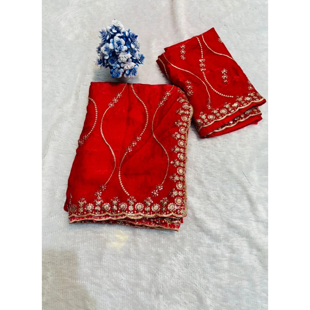 Women's Jimmy Choo Embellished Saree With Unstitched Blouse 5.5 Mtr�(Red)