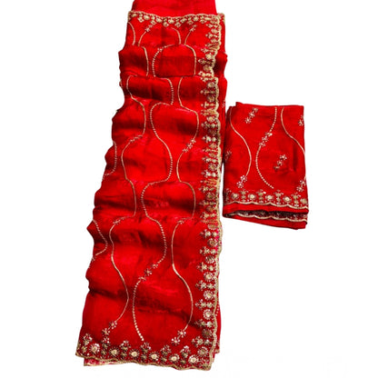 Women's Jimmy Choo Embellished Saree With Unstitched Blouse 5.5 Mtr�(Red)