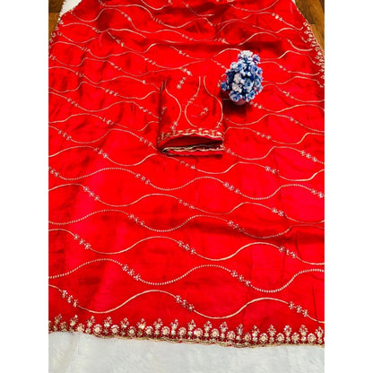 Women's Jimmy Choo Embellished Saree With Unstitched Blouse 5.5 Mtr�(Red)