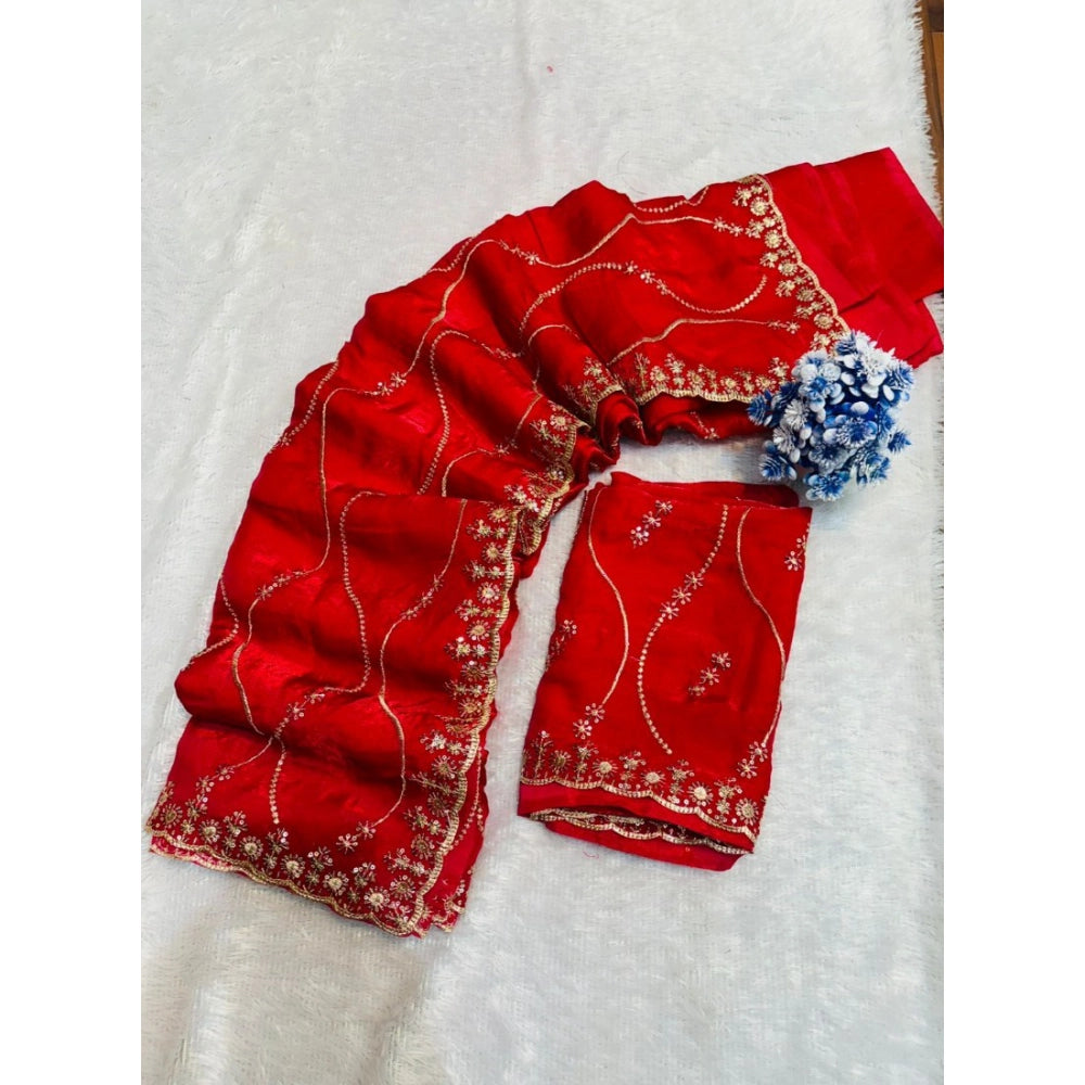 Women's Jimmy Choo Embellished Saree With Unstitched Blouse 5.5 Mtr�(Red)