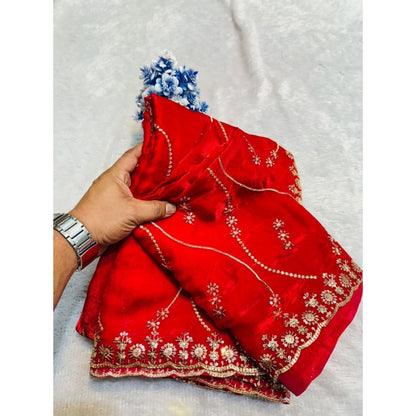 Women's Jimmy Choo Embellished Saree With Unstitched Blouse 5.5 Mtr�(Red)