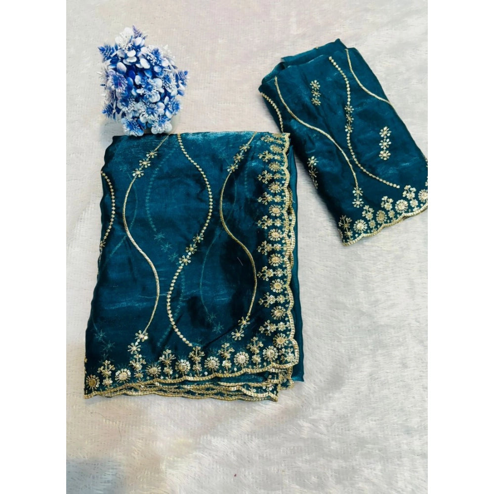 Women's Jimmy Choo Embellished Saree With Unstitched Blouse 5.5 Mtr�(Teal)