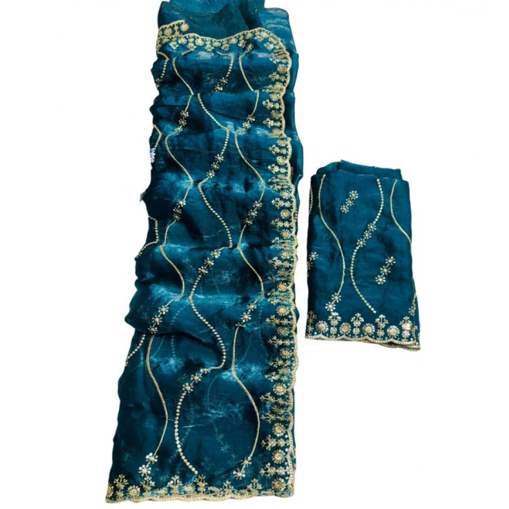 Women's Jimmy Choo Embellished Saree With Unstitched Blouse 5.5 Mtr�(Teal)